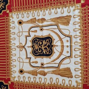 Silk Scarf Elegant Crown & Military Braid Motif 31" Square Royal Gold Cream Red